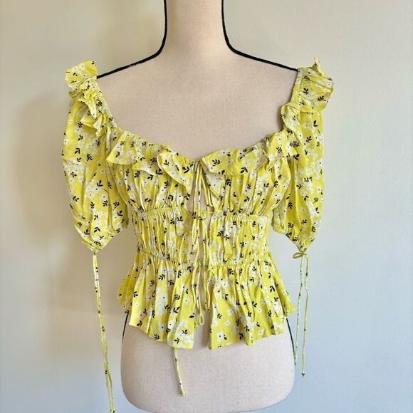 For Love & Lemons Chrysanthemum Floral Tie Front Short Sleeve Top Sz XS - Picture 4 of 10